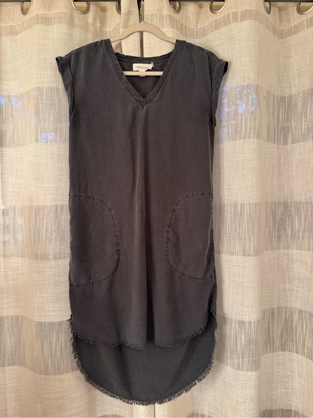 Washed Black V-Neck Casual Shift Dress with Pockets